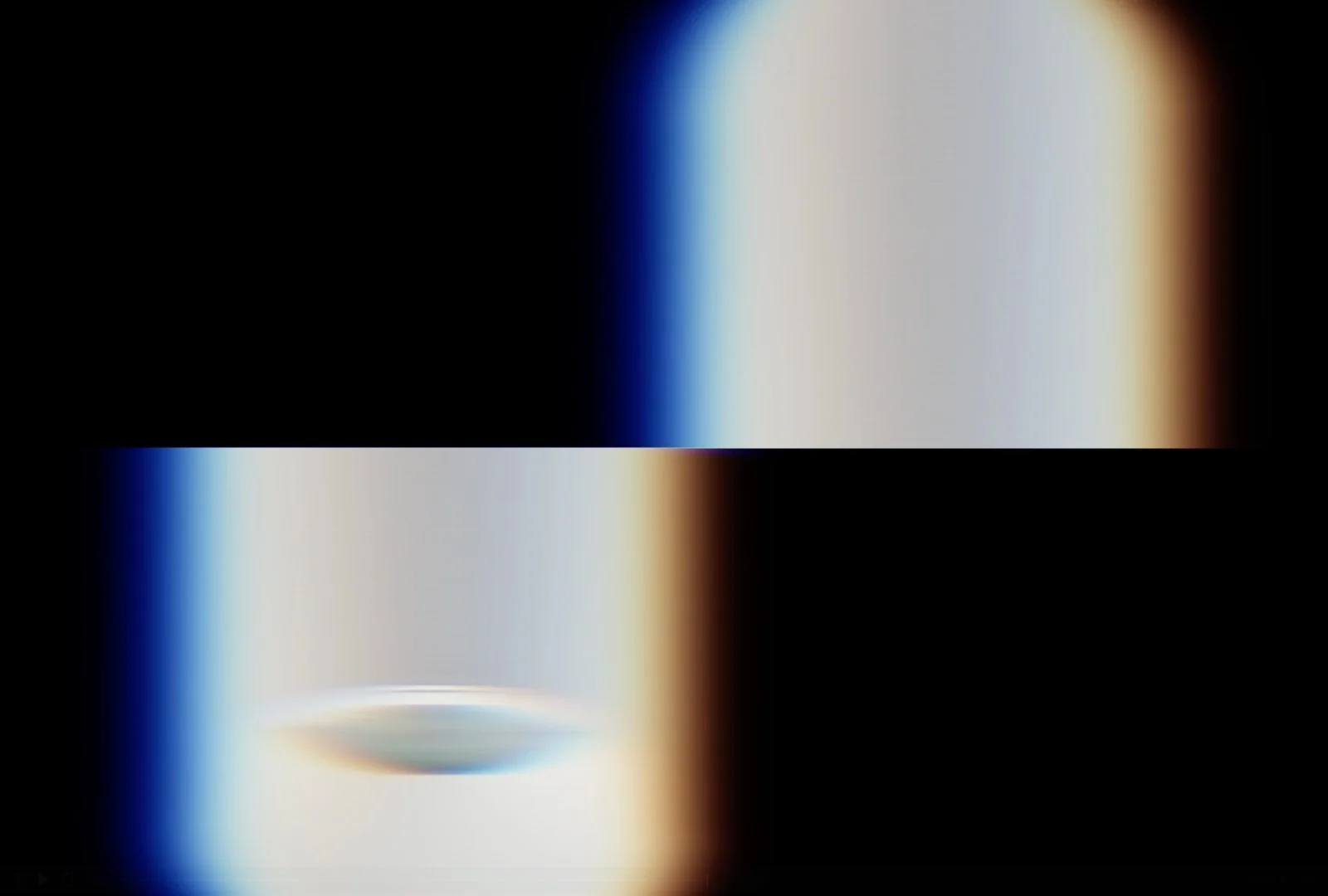 Faze Lighting. A blurred image of a white and blue orb-like object with a bright light, against black and dark background, with a horizontal division in the middle.