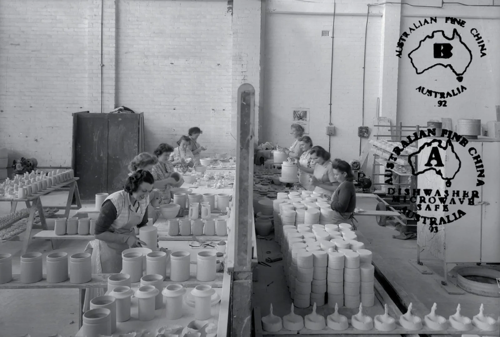 Price Street - Women working in a factory or workshop assembling or processing ceramic or porcelain items, with stacks of cups and other ceramic pieces on tables, in black and white.
