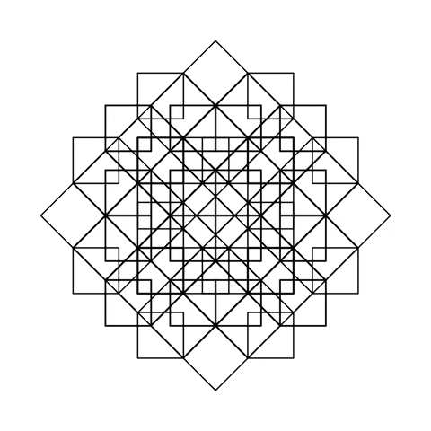 Barbitta Geometric abstract design with overlapping squares and diamonds, symmetrical pattern in black lines on white background.