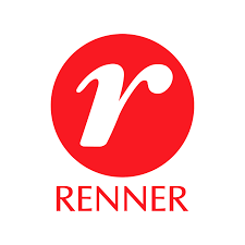 Logotipo com um círculo vermelho e uma letra branca 'r' estilizada, abaixo a palavra 'RENNER' em letras vermelhas.