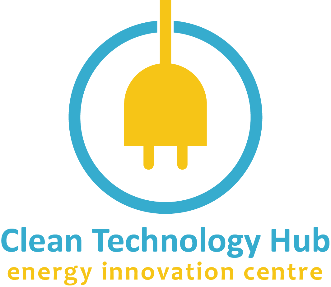 Logo of Clean Technology Hub, featuring a yellow electrical plug inside a blue circle, with the text 'Clean Technology Hub' and 'energy innovation centre' below.