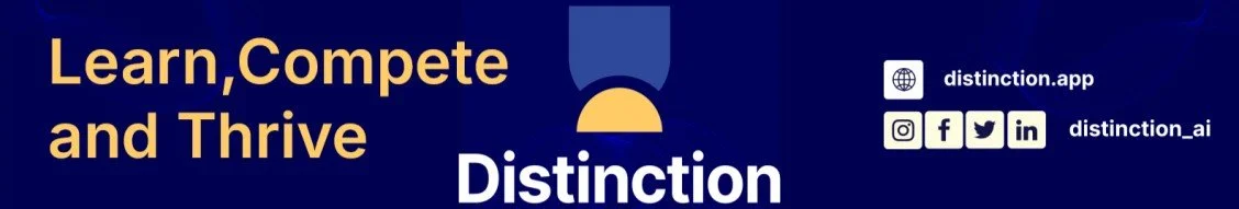 Graphic with the words 'Learn, Compete and Thrive' and 'Distinction' with social media icons and website information.