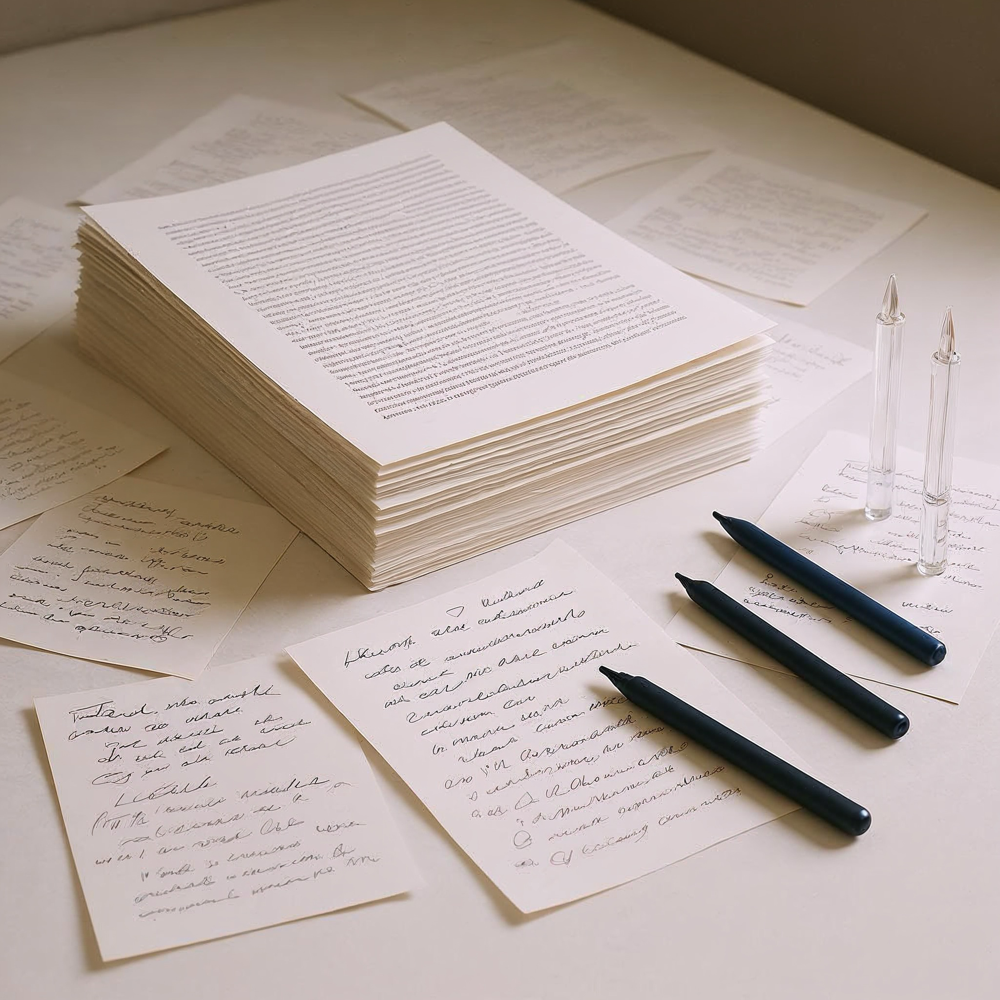 Stack of handwritten notes and typed documents on a white desk, with two black pens and two transparent pens standing upright.