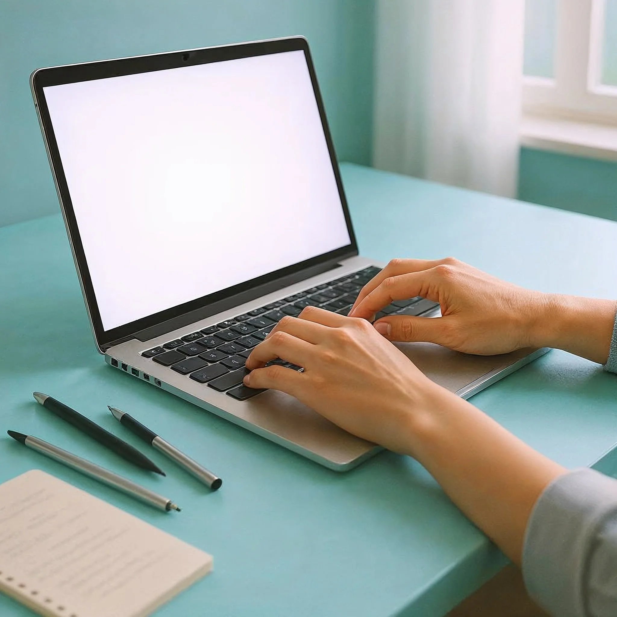 Hands typing on a laptop keyboard on a desk with a notebook and pens nearby in a well-lit room.