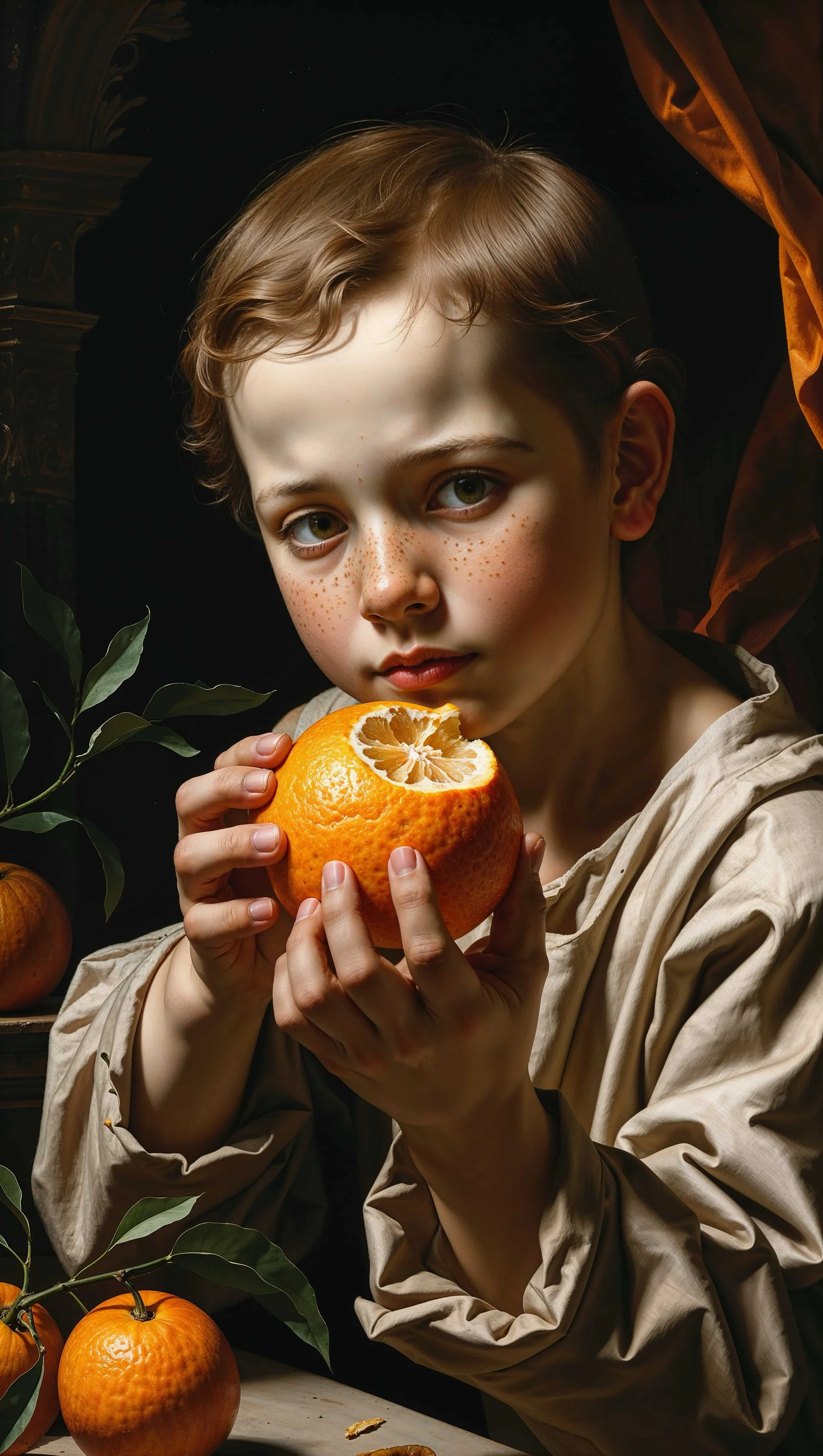 A young boy with freckles and light brown hair holds a halved orange in a dimly lit room with dark background and orange drapery.