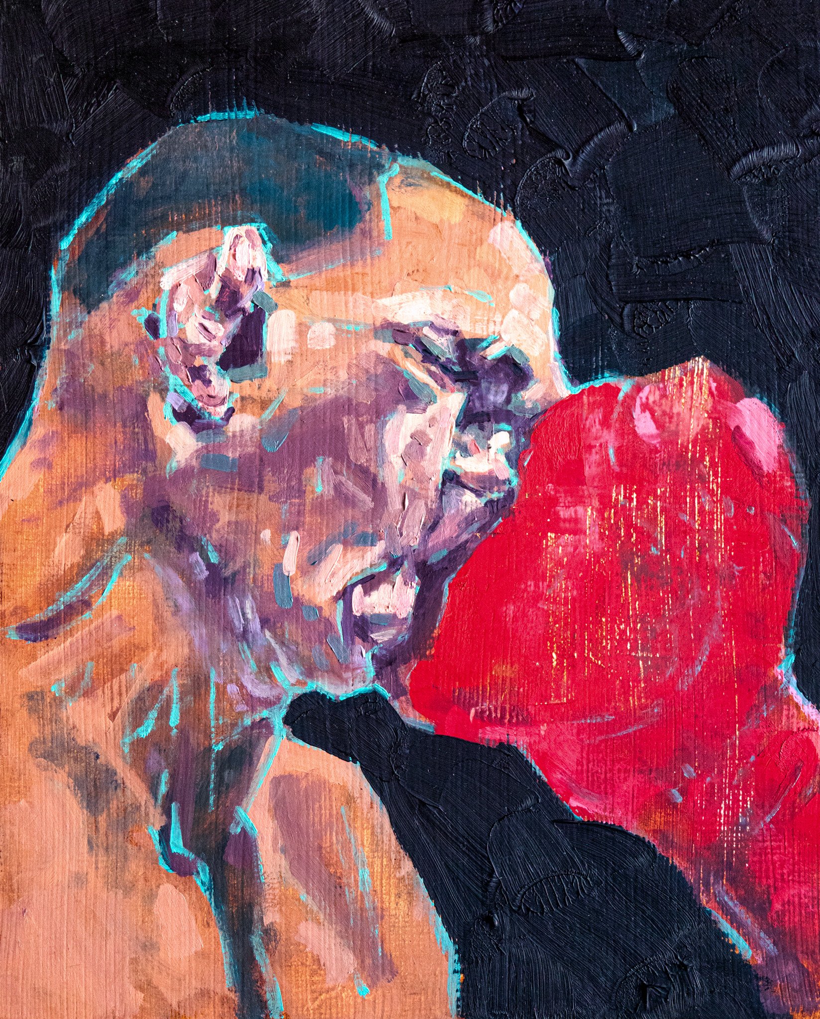 One red glove, 2025. Oil on cardboard - 24 x 30 cm