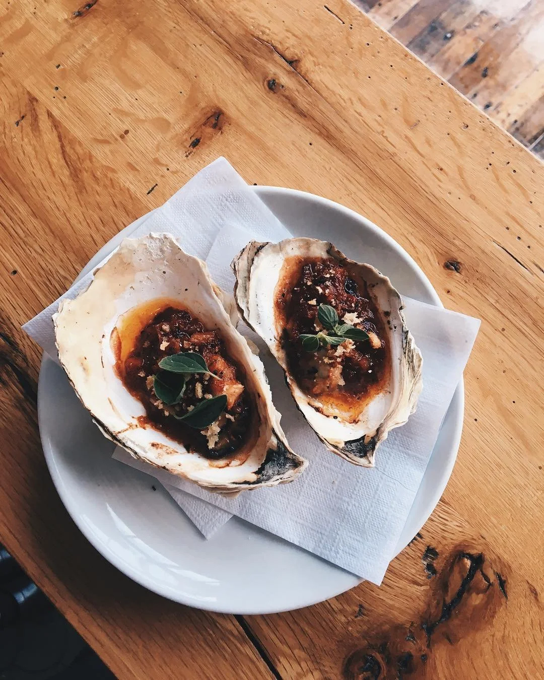 Two large oysters on a plate SRV Boston