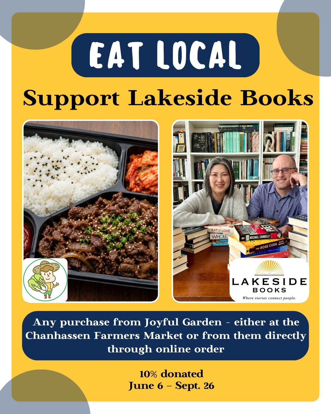 We are excited to announce a new community partnership between Lakeside Books and Joyful Garden 🌶️🥟

This season, when you shop with Joyful Garden at the Chanhassen Farmers Market or place an order through our online ordering connection, 10% of sal