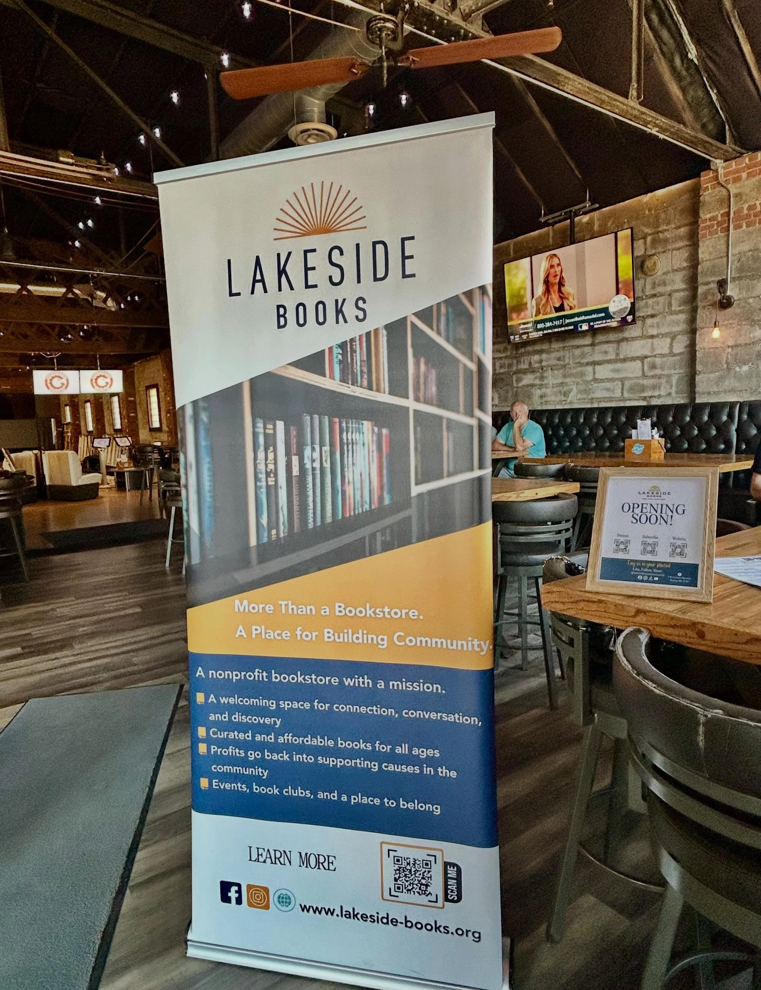The Lakeside Books crew is ready for you here at @garagebowl as they so generously will donate 25% of sales from 3:30-5:30pm to help us build a community bookstore in Waconia.