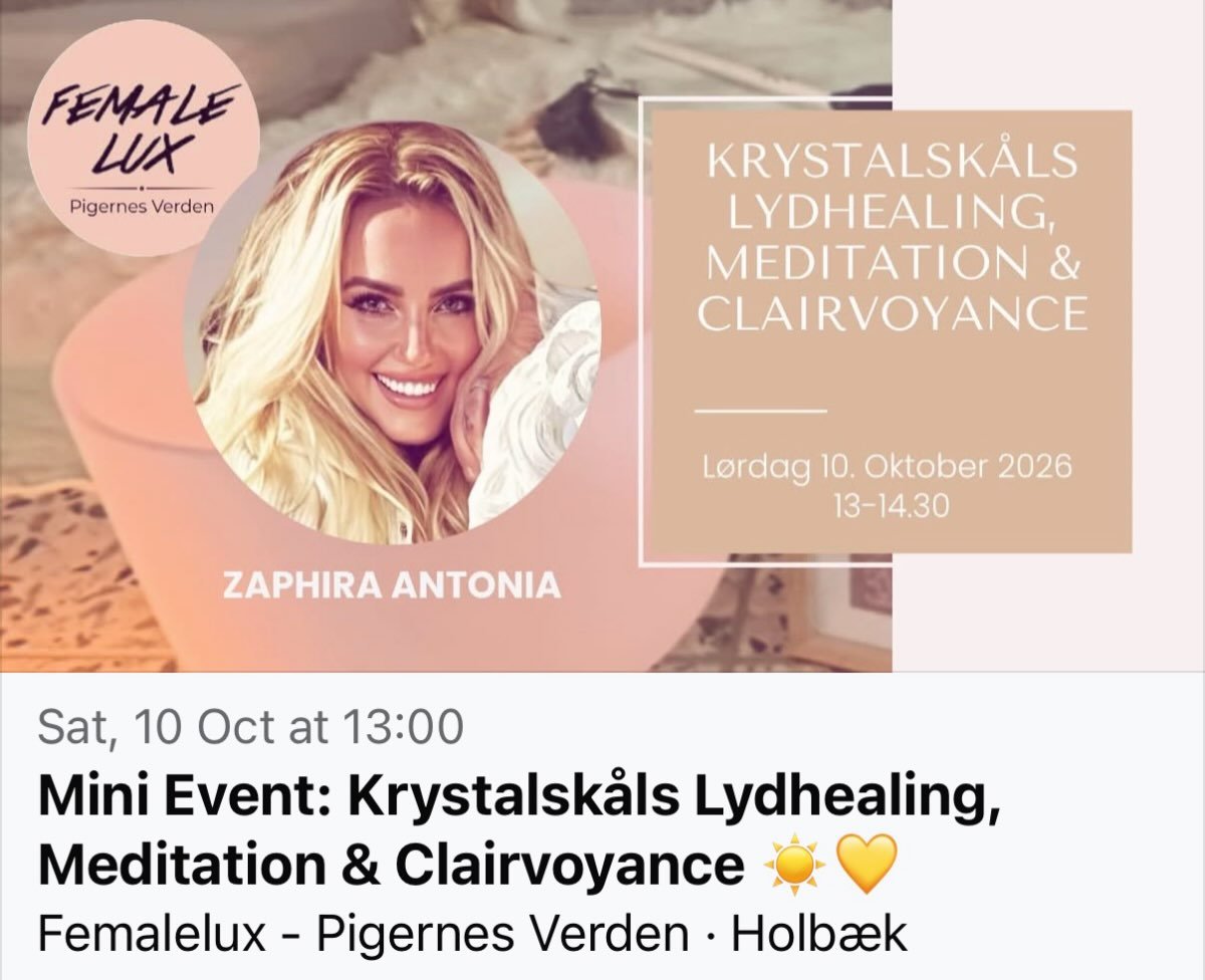 Mini Event: Krystalsk&aring;ls Lydhealing, Meditation &amp; Clairvoyance ☀️💛 10. Oktober 13-14.30 i @femaleluxdk https://www.facebook.com/share/1DKZpWXLhu/?mibextid=wwXIfr