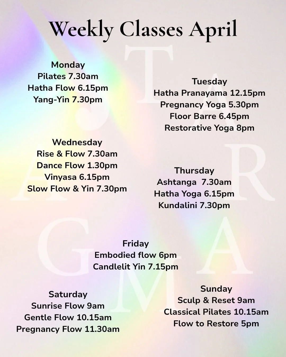 💕 Taramga in April 💕

Your weekly classes to some very special workshops and events through the coming months, we can't wait to share with you.

Swipe to see what's on this month 

Whether you're flowing in on a Monday morning or joining us for a c