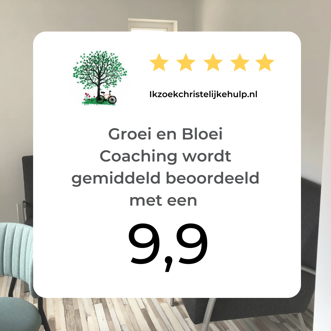 Een beoordeling met vijf sterren en tekst over groei en bloei coaching op een wit achtergrond, met een logo van een boom met een fiets onder de boom.