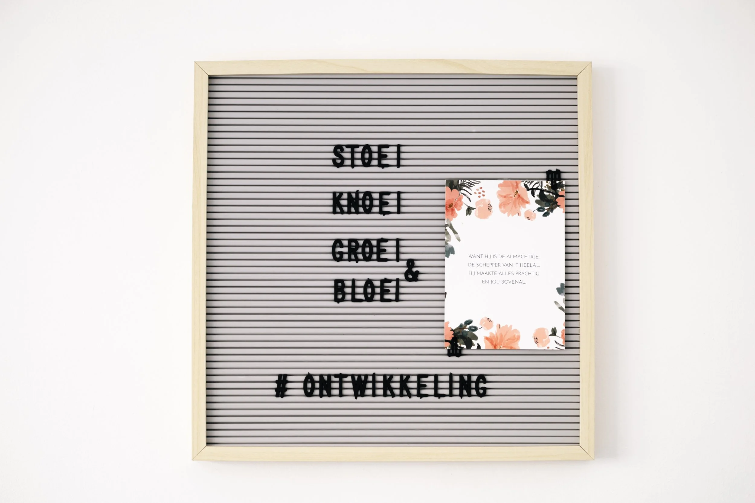 Letter board with Dutch words 'Stel Knoet Groet & Bloei' and a floral card with a poem attached with black clips.