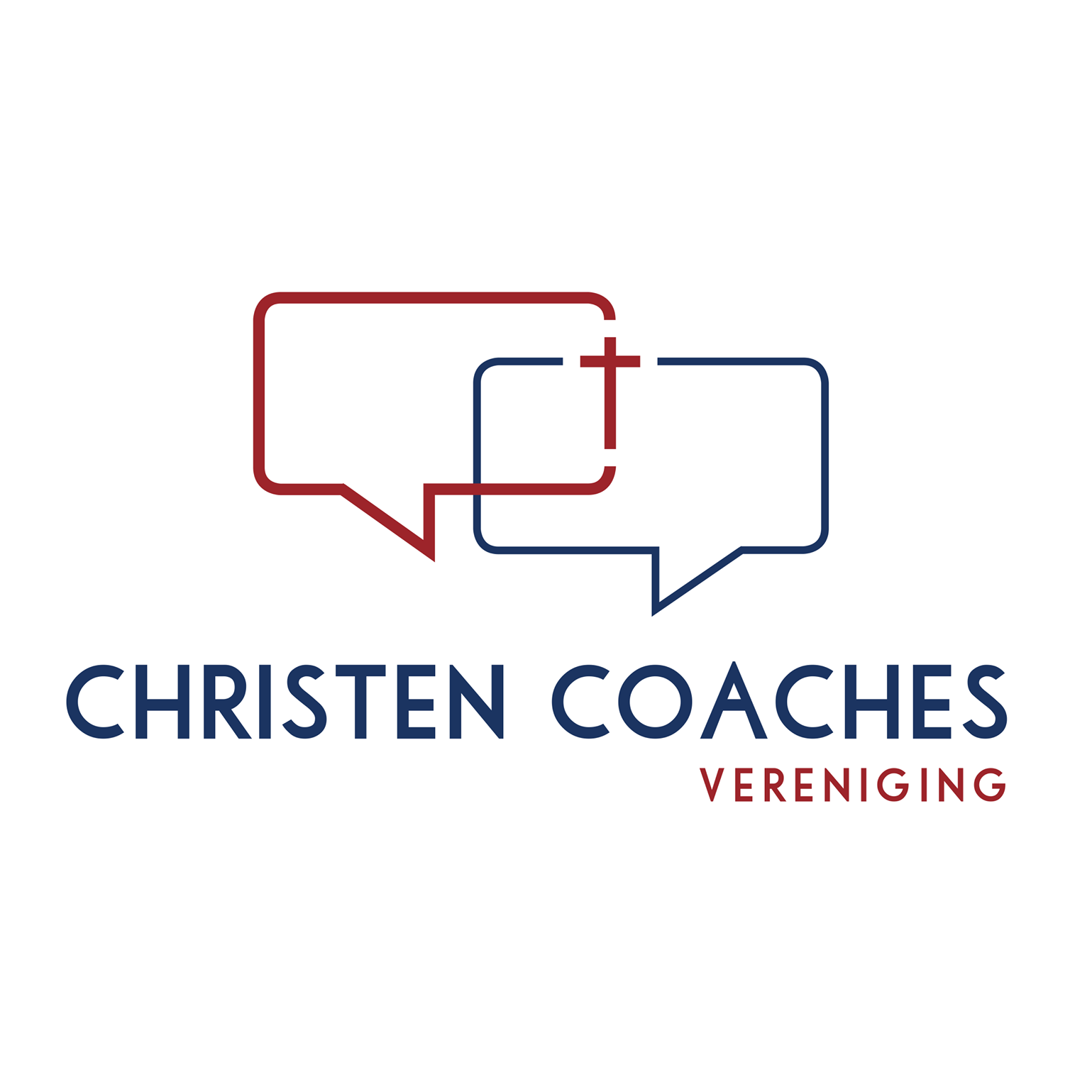Logo van Christen Coaches Vereniging met twee overlappende spraakballonnen, een in rood en een in blauw, met een kruis in het midden.