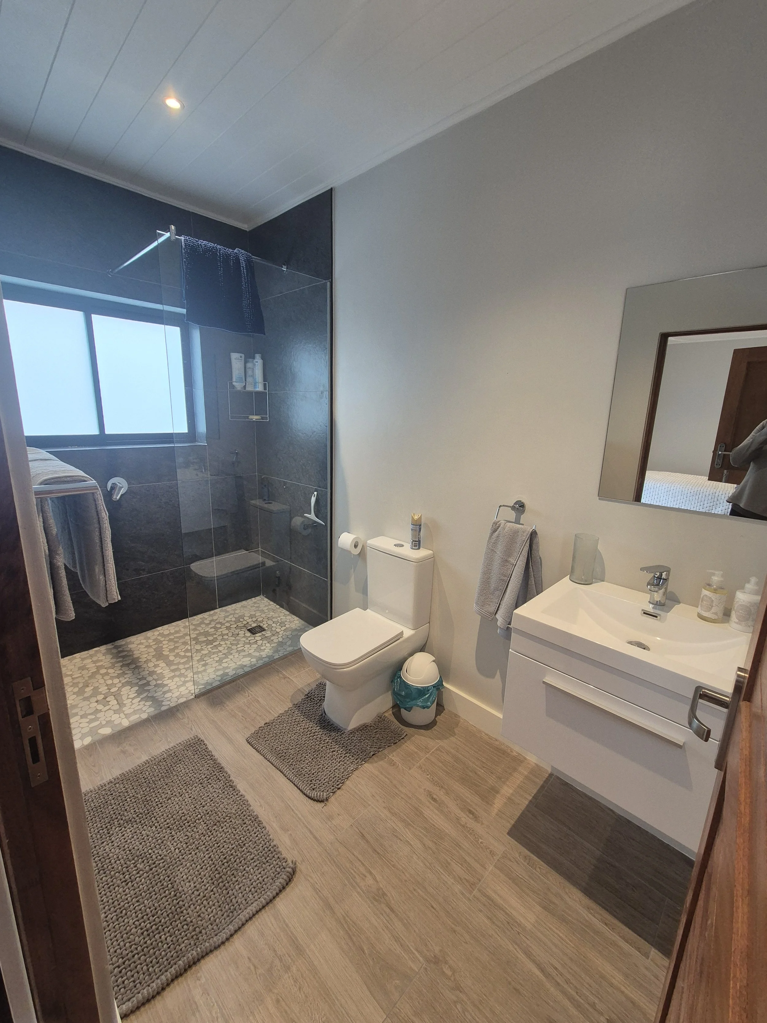 The bathroom has shower, toilet and basin.