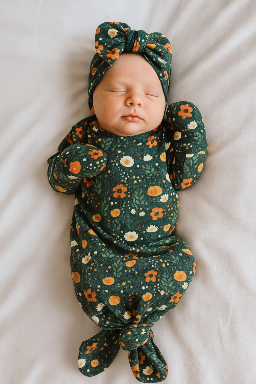 Floral Baby Gown Set with Foldover Mittens