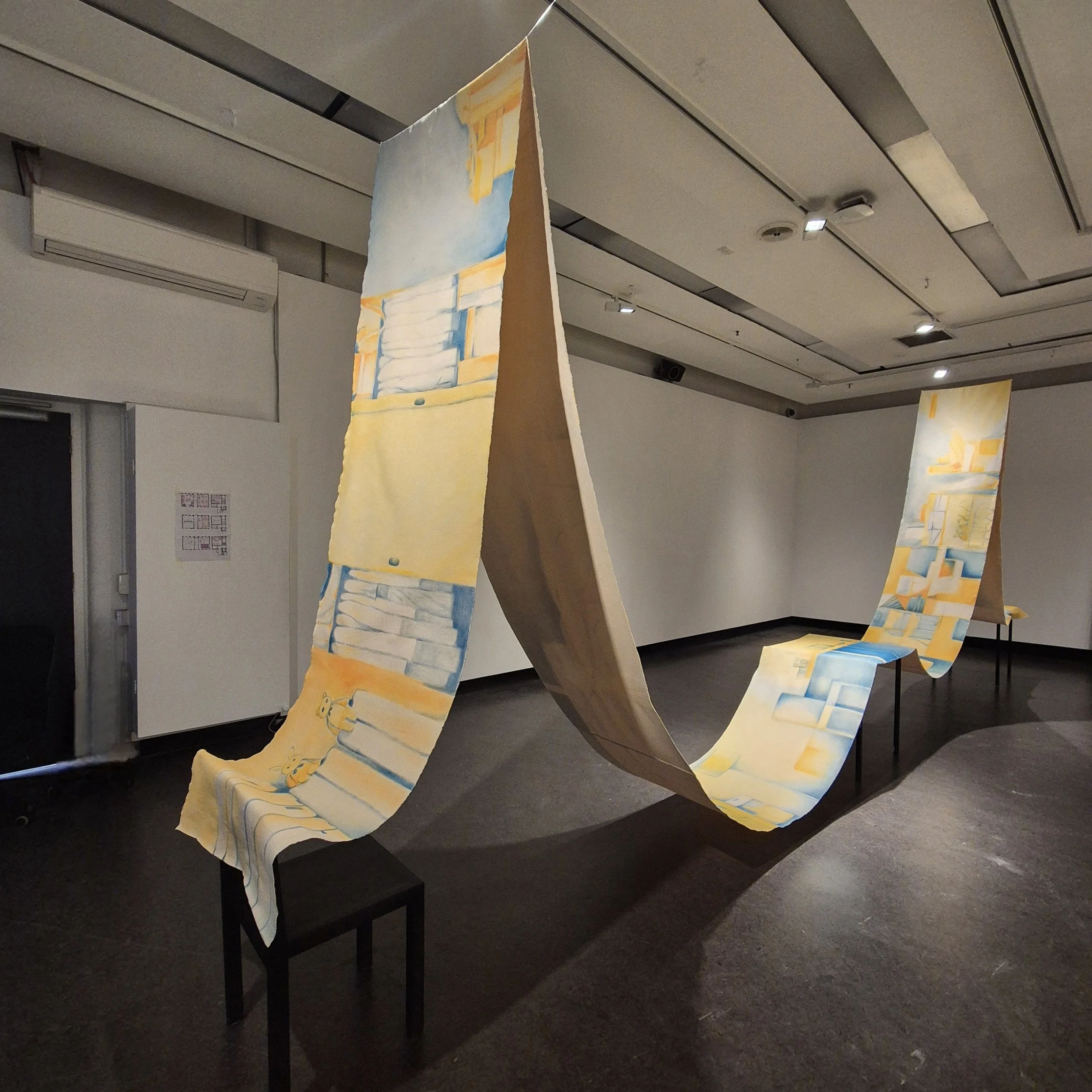 Home, 2025, Acrylic on unframed and unstretched canvas installation, 70 × 1500 cm 