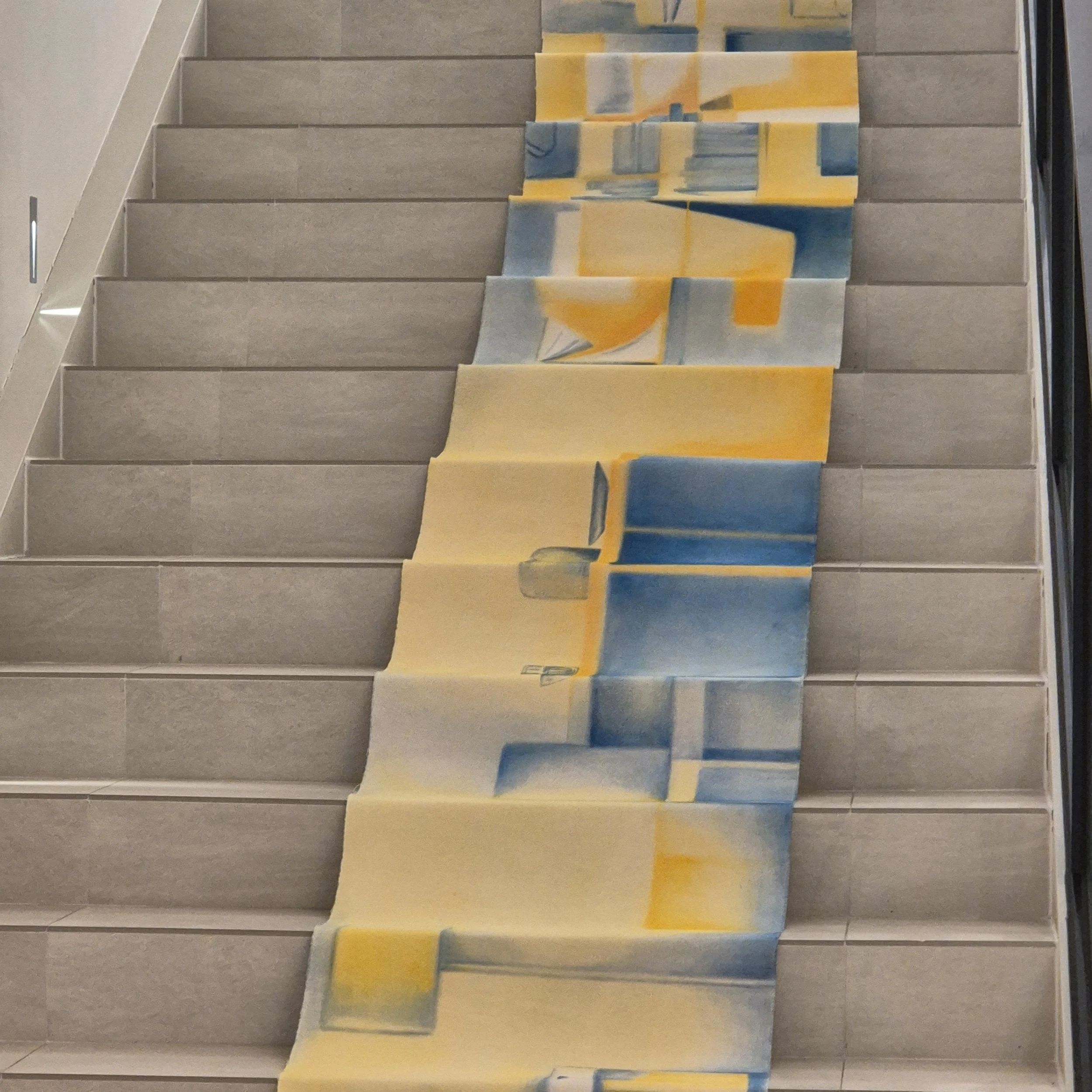 Home, 2025, Acrylic on unframed and unstretched canvas installation, 70 × 1500 cm [display on stair way]
