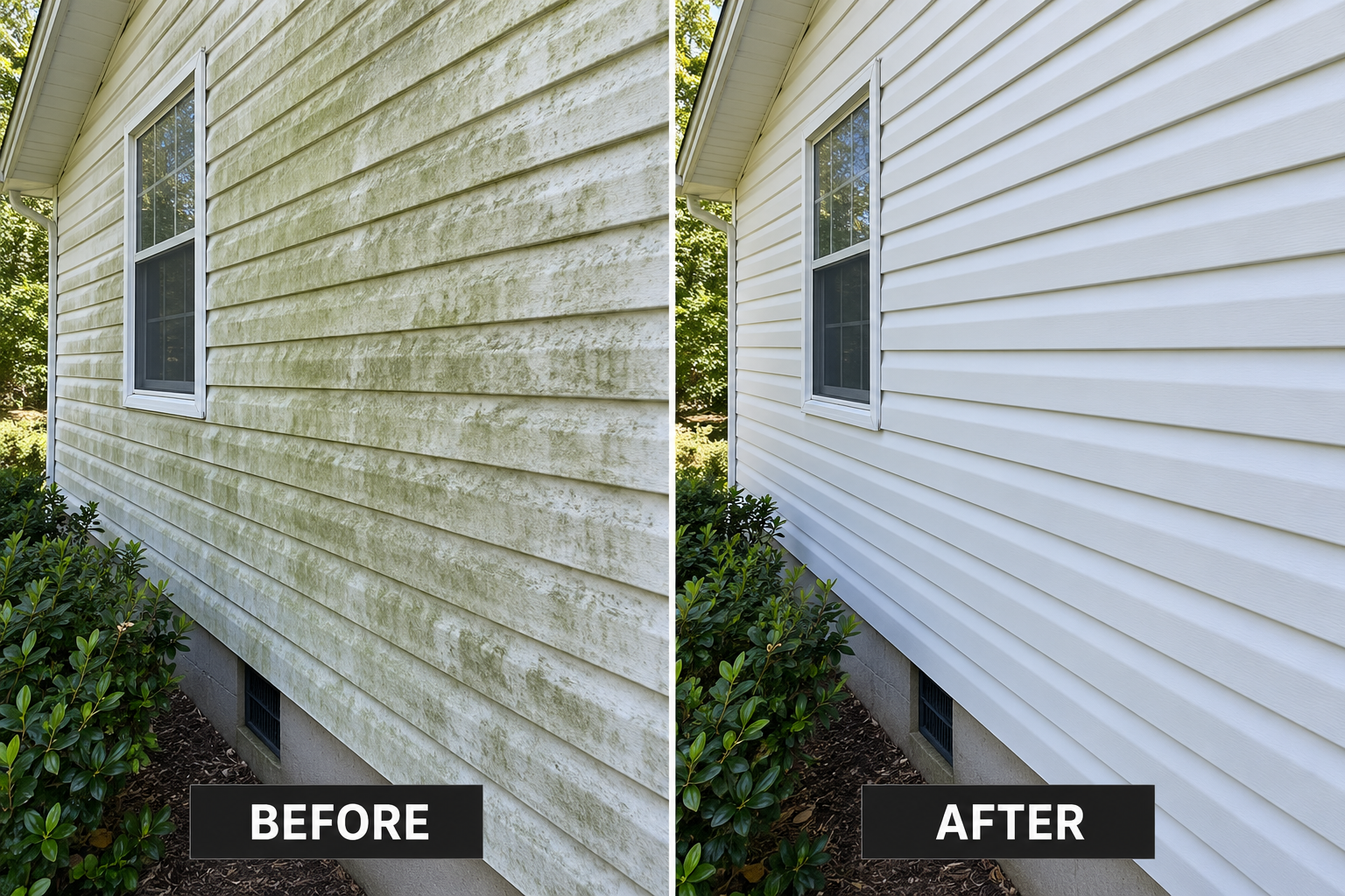 Vinyl siding covered in green algae on the left and the same siding clean on the right.