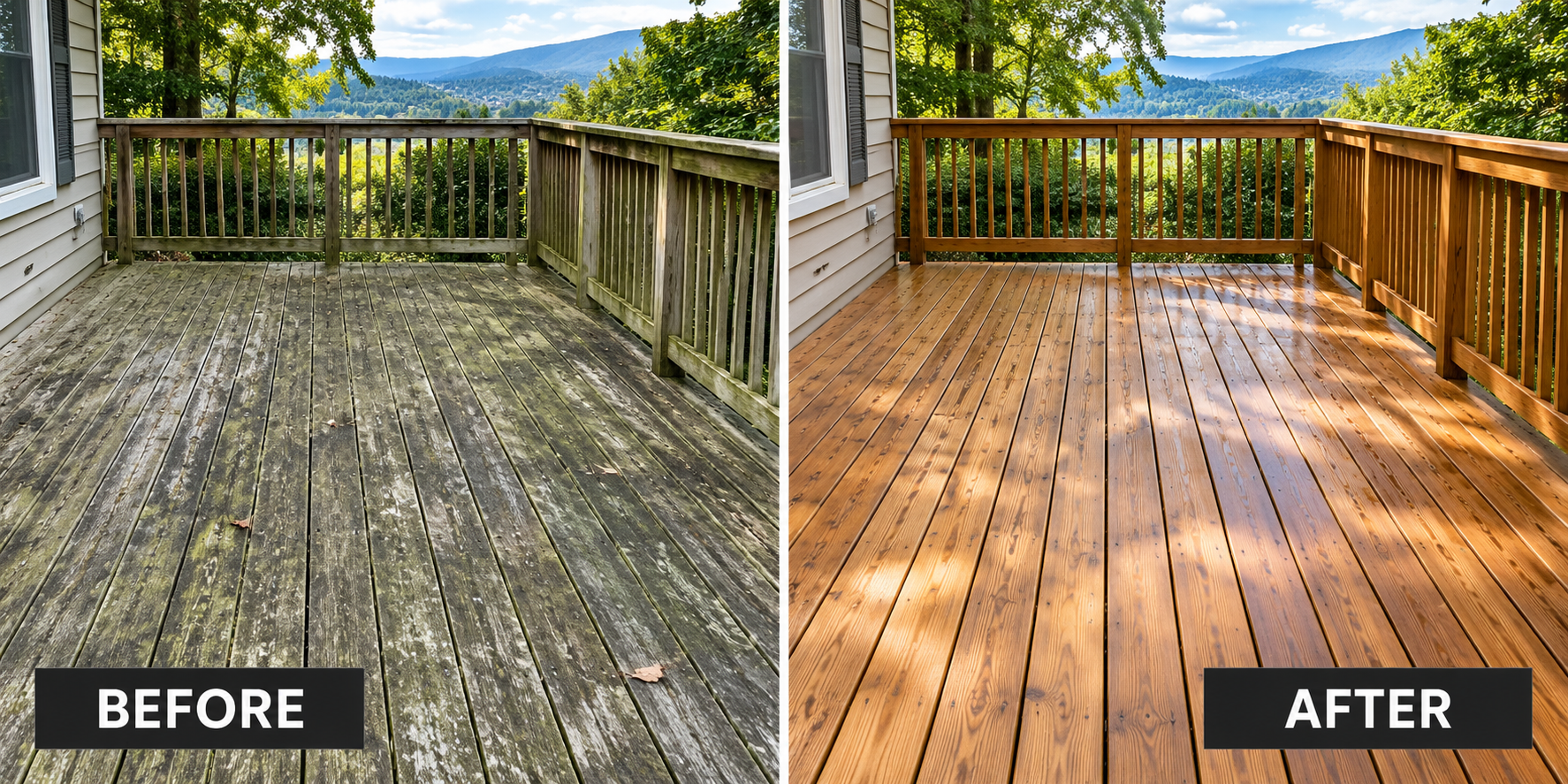 Dirty deck before cleaning and the same deck clean.