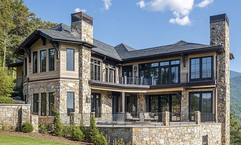 Large Asheville mountain house made of stone with lots of windows.
