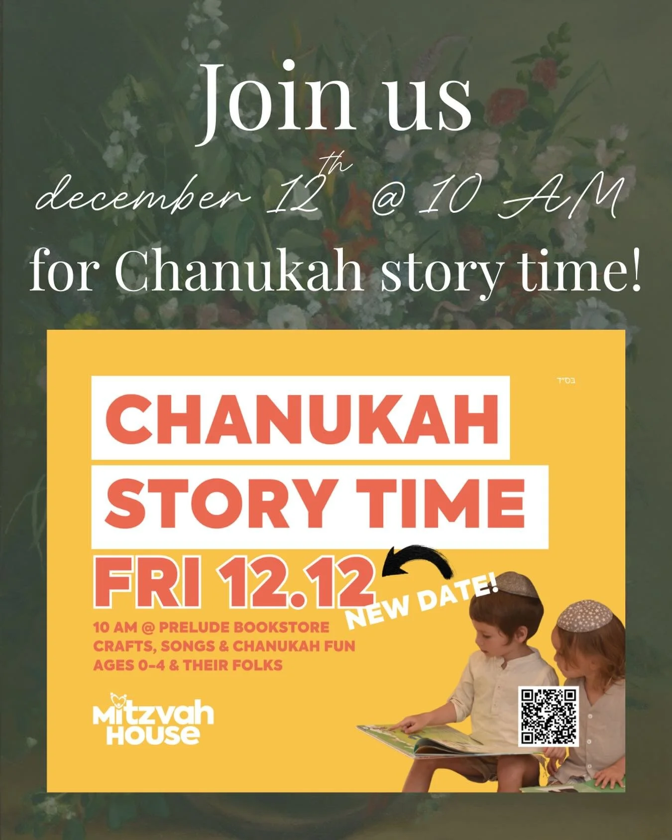 Happy Chanukah! Join us this Friday, December 12th at 10 AM, for a special Chanukah story time in partnership with @mitzvahouse !! 📖