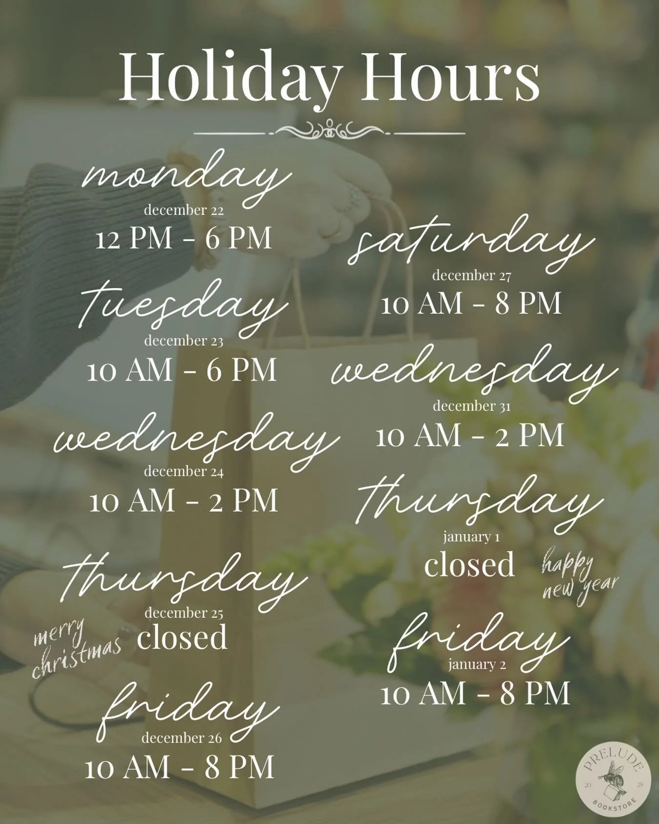 Happy Holidays! ✨ There&rsquo;s still time to find the perfect Christmas gift at Prelude. We&rsquo;ll be closed Christmas and New Year&rsquo;s, so grab a good book now and cozy up later. 📚🎄🎆

#prelude #preludebookstore #dunwoody #dunwoodyga #atlan