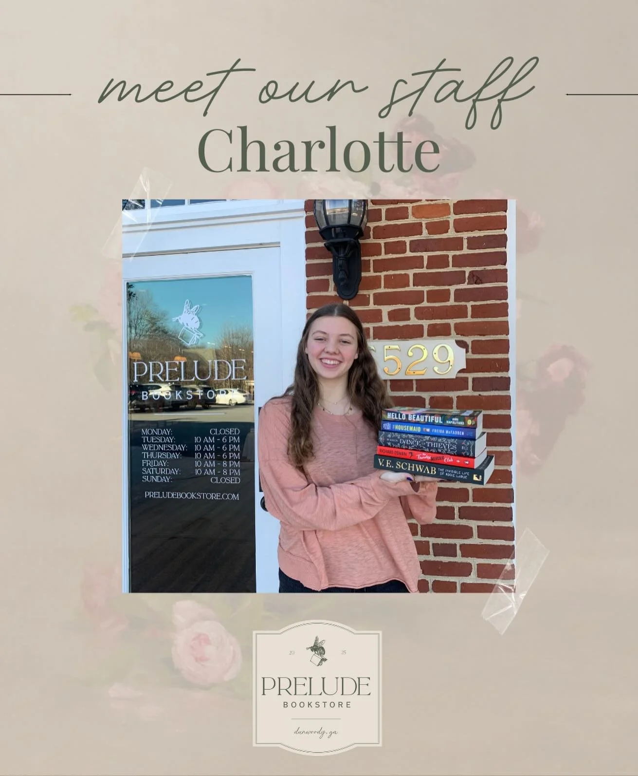 Meet our bookseller Charlotte! ✨
When Charlotte isn&rsquo;t at Prelude she&rsquo;s hanging out with friends, watching movies, and dancing. 🩰
Whether you enjoy romance, thrillers, or general fiction, Charlotte has a recommendation for you! Come by th