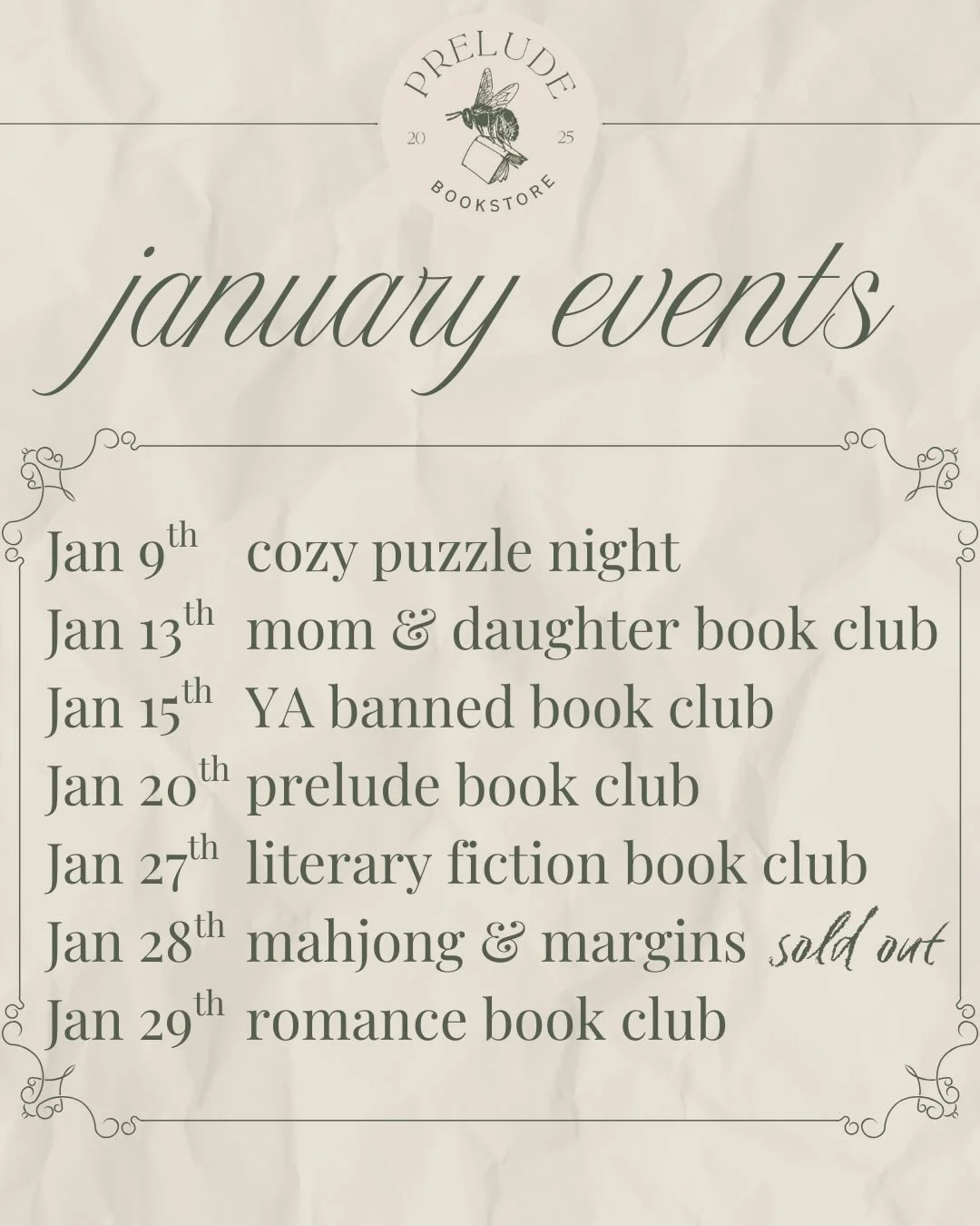 Happy New Year! 🥳 We&rsquo;re starting the year off strong with five new book clubs and two cozy events! Visit the link(s) in our bio to register. We can&rsquo;t wait to puzzle, chat, and read with you! ✨📖

#prelude #preludebookstore #bookstore #at