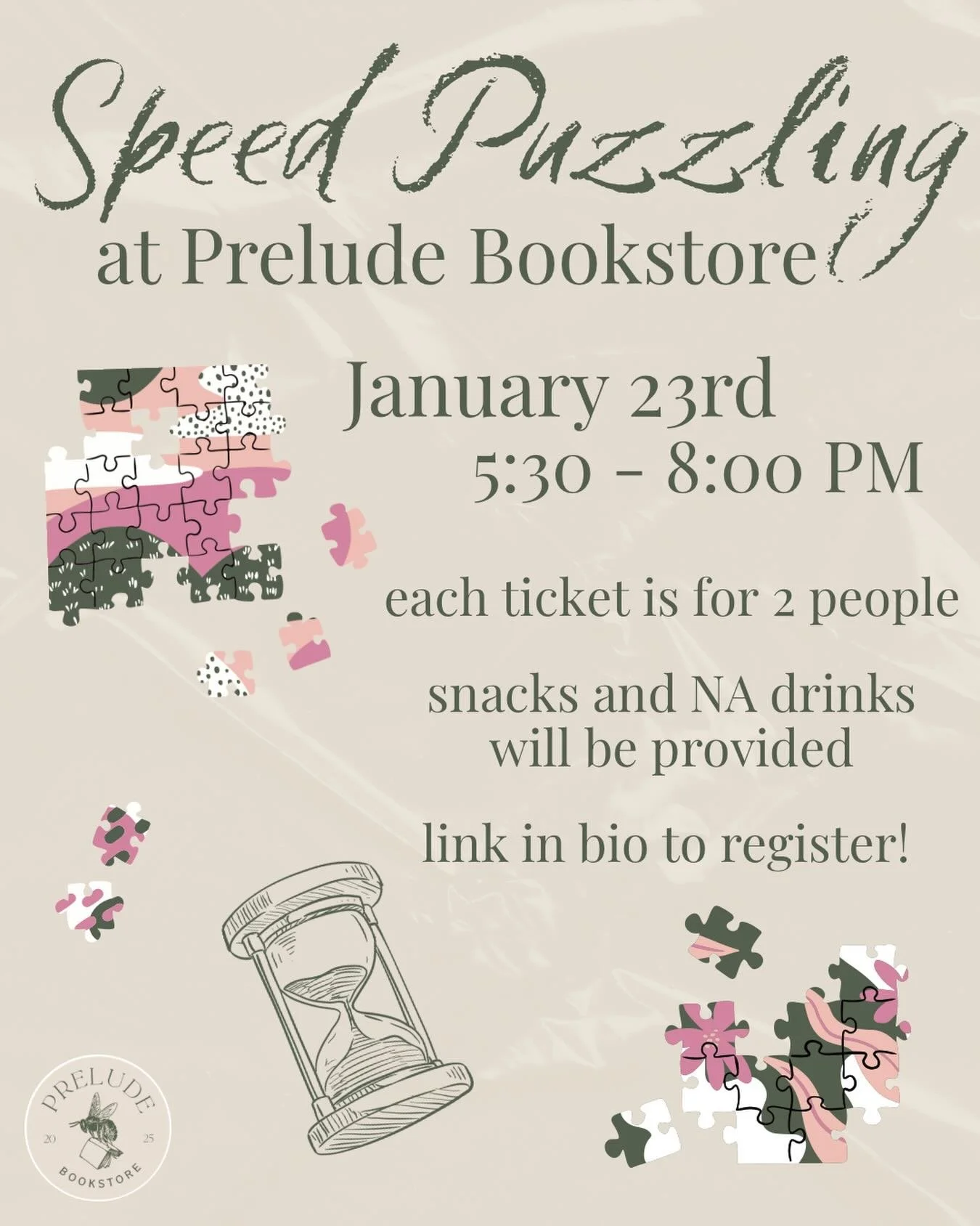 Our first Puzzle Night was such a success that we&rsquo;re adding another one this month!! 🧩✨ Join us for a friendly speed puzzling competition! Each ticket is for two people. Light snacks and nonalcoholic drinks will be provided, and you&rsquo;ll g