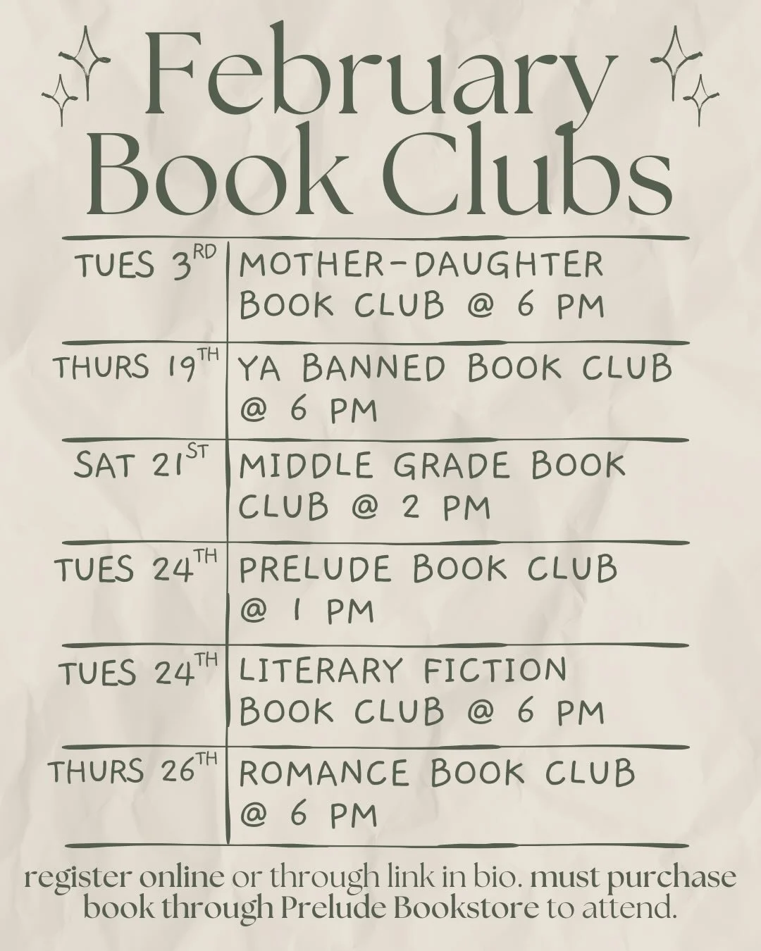 February Book Clubs are here and we have a brand NEW Middle Grade Club this month!! ✨ Stop by the store or visit our website to grab your book and sign up. We are so excited to chat all things books with you! 📚
Be on the lookout for our February eve