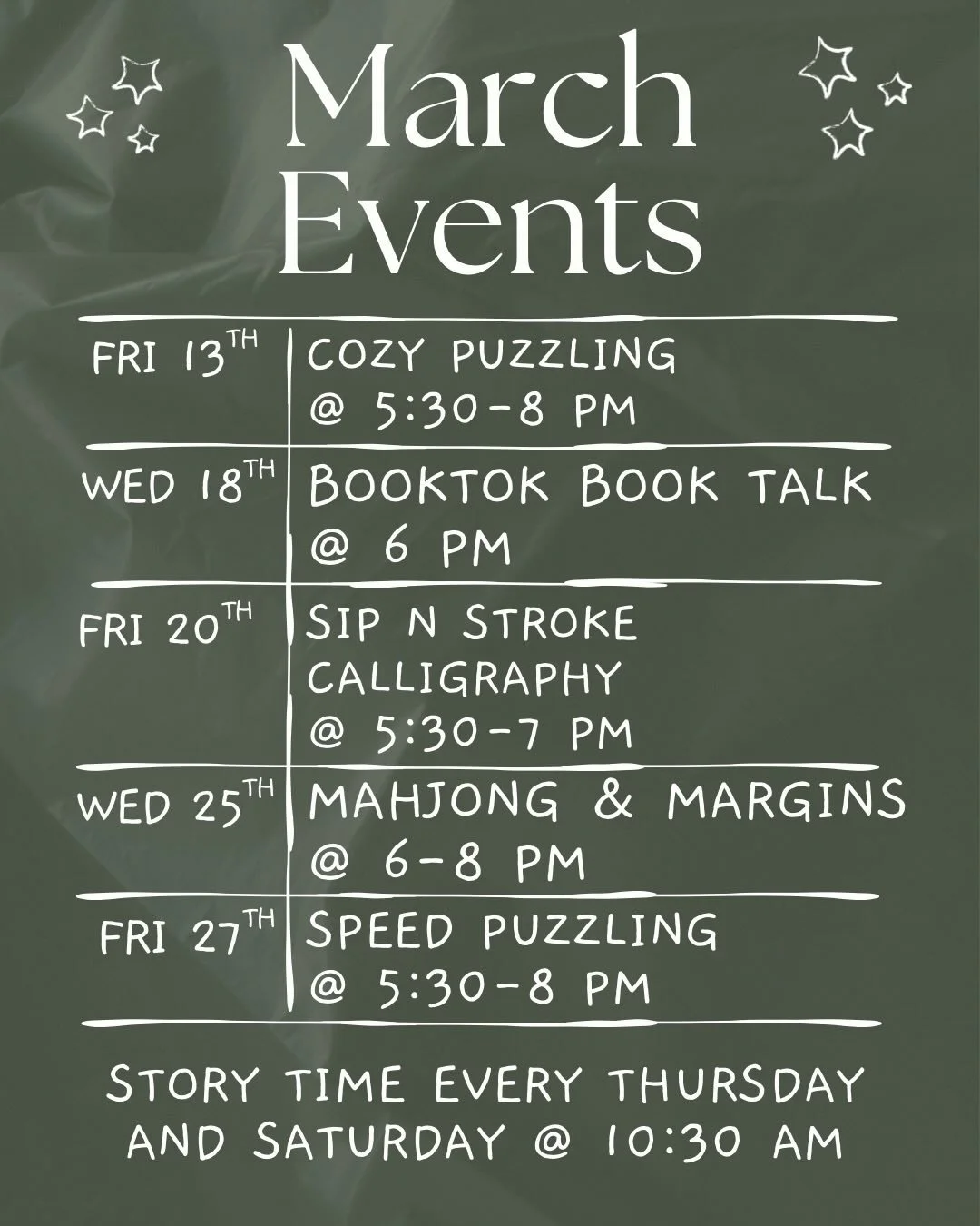 March is here!! 🌷🧩 This month we&rsquo;ve got TWO puzzle nights, a Mahjong night, and a brand new customer-led book club featuring popular BookTok picks! We can&rsquo;t wait to puzzle, play, and read with you all month long. 📚✨Check out the links 