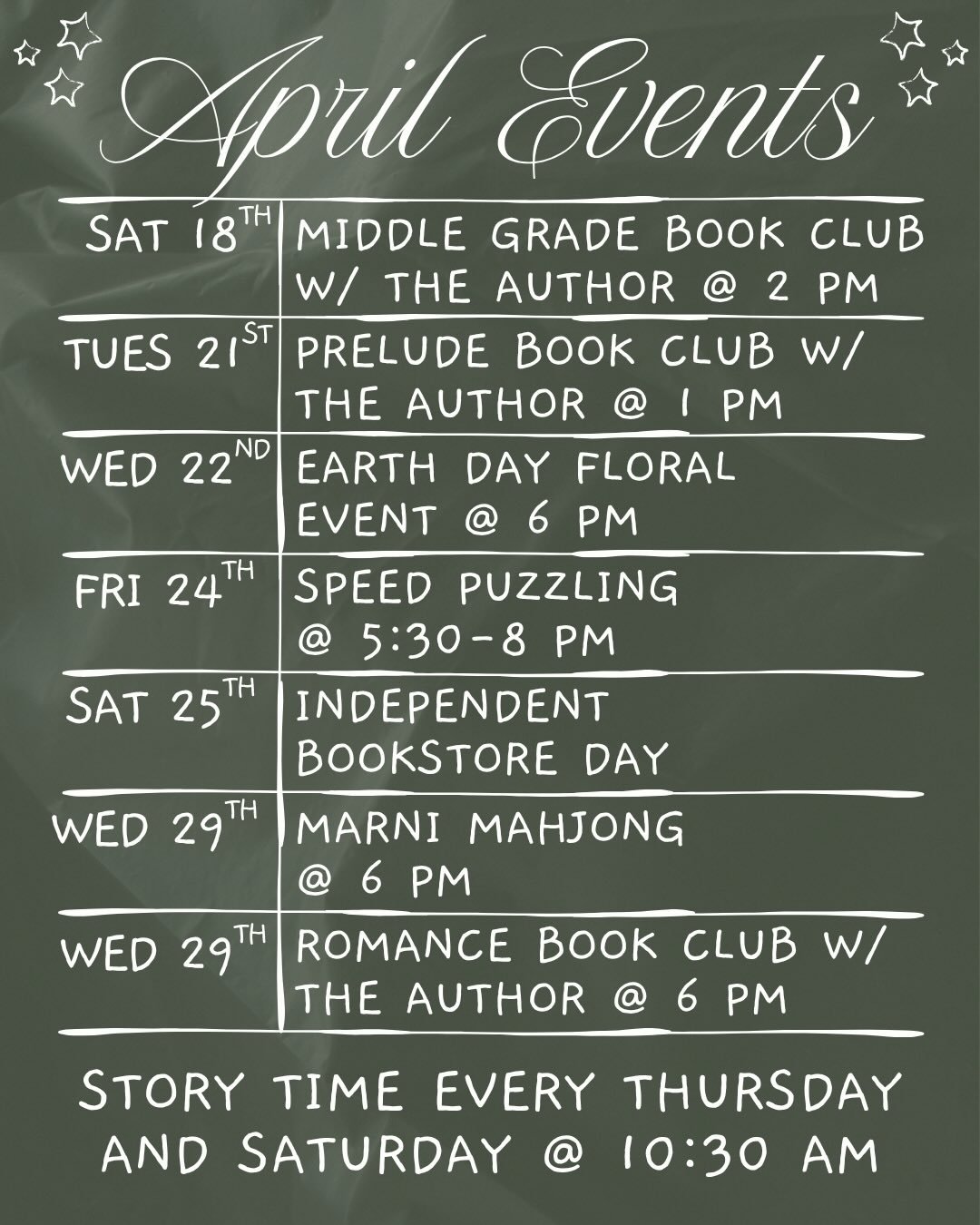 No April fools here, just a month full of fun! 🌸
Author events, game nights, a floral workshop, and Independent Bookstore Day&hellip; we can&rsquo;t wait to see you!! 📚✨🥳

Register for select events through our website or links in bio. Visit @besp