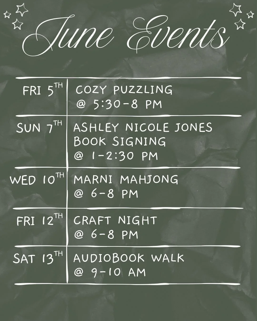 June events are here!! We&rsquo;ve got two book signings, two crafty nights, two puzzle nights, a game night, and an audiobook walk on the calendar this month!! We can&rsquo;t wait to get creative, hang out, and celebrate all things bookish with our 