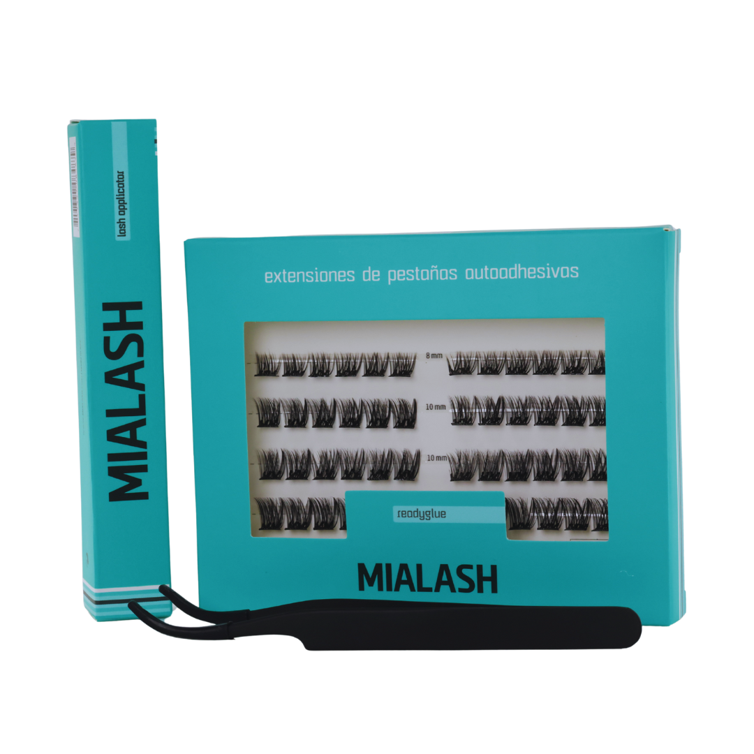 Set of false eyelashes with various lengths and adhesive, packaged in turquoise boxes labeled 'MIALASH' and 'extensiones de pestañas autoadhesivas'.