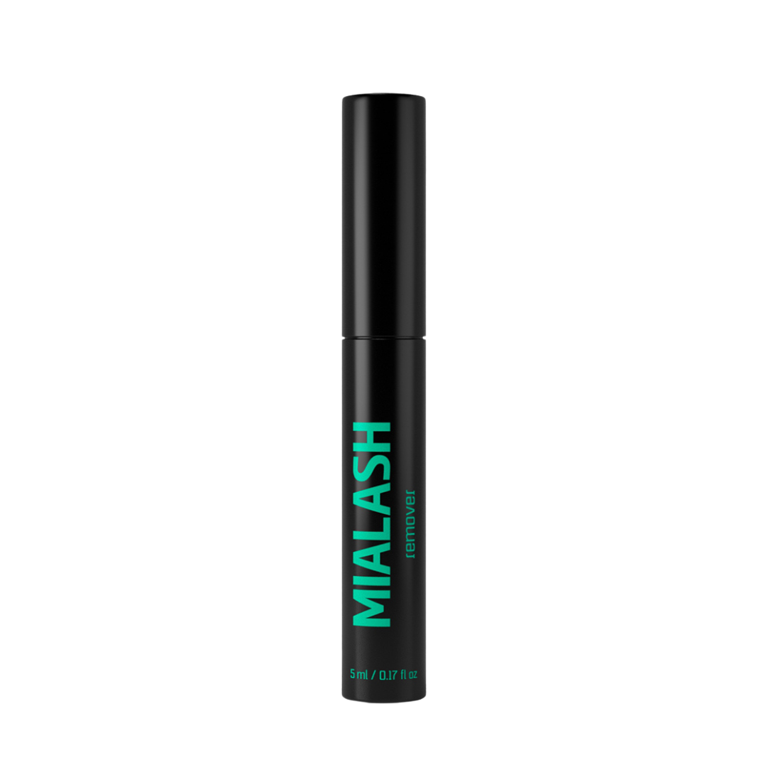A black cylindrical container labeled 'MIALASH' in large turquoise letters with smaller teal text underneath that reads 'remover' and specifies 5 ml or 0.17 fl oz.