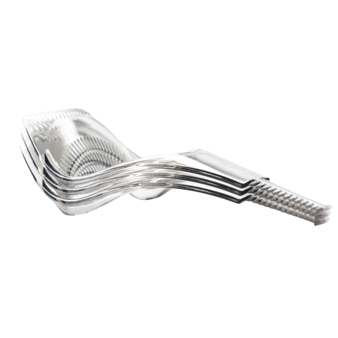 Stack of clear glass spoons with textured handles