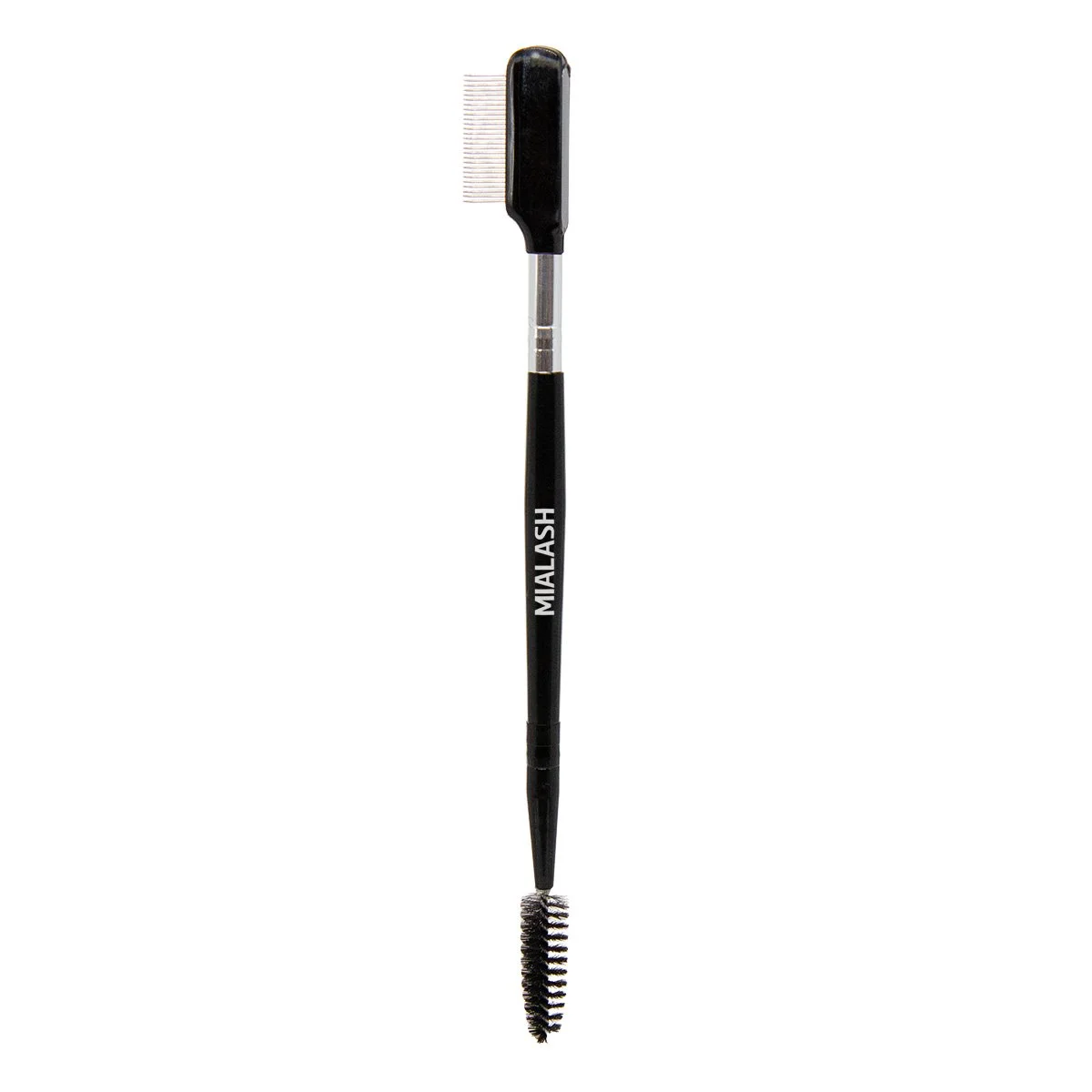 A black dual-ended eyebrow spoolie brush with the brand name 'MIALASH' printed on the handle.