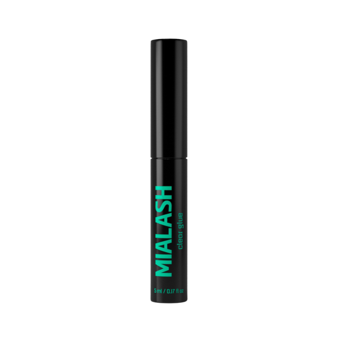 A black tube of Mia Lash clear glue with teal lettering, standing upright against a black background.