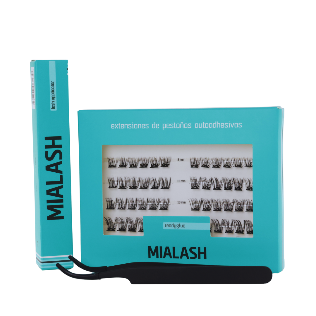 Set of false eyelashes in a blue box labeled MIALASH, with individual lash extensions in black arranged by length, and a small glue container.