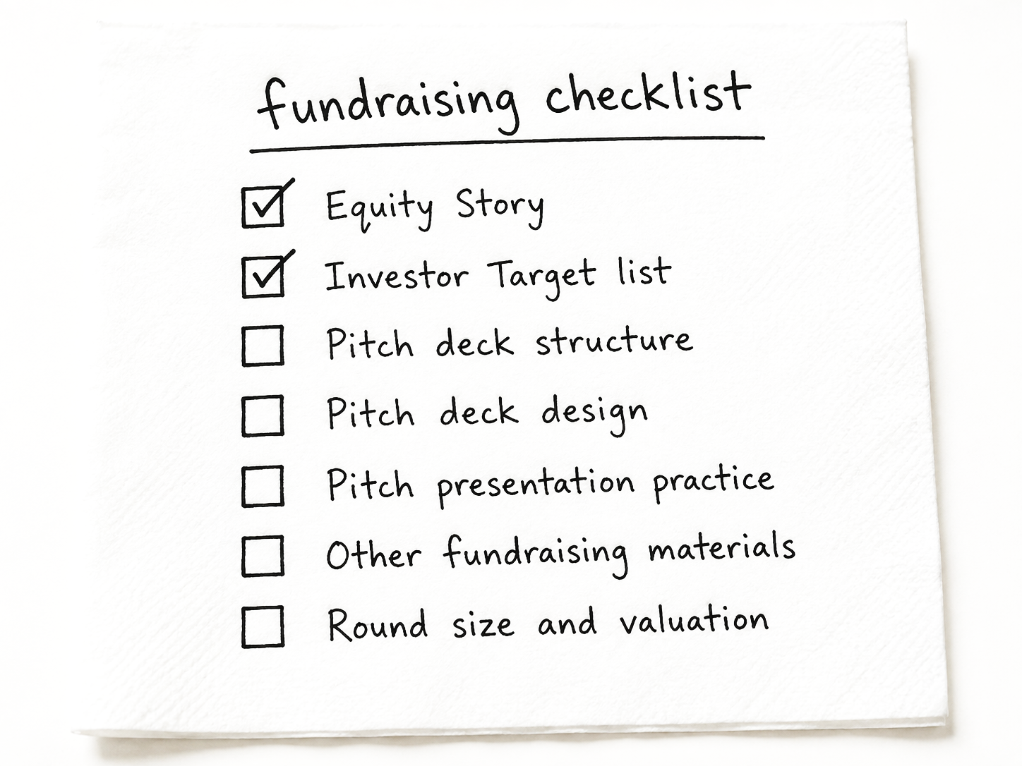 A white paper with a handwritten fundraising checklist, with two items checked off: 'Equity Story' and 'Investor Target list', and the remaining items unchecked.
