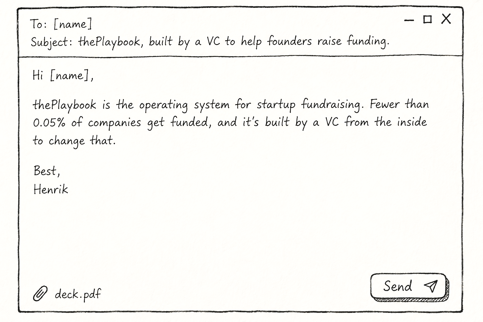 Hand-drawn email message on a computer screen with a playful, informal style. It includes fields for recipient and subject, a letter body discussing a startup fundraising tool called thePlaybook, and a signature from Henrik. There is a paperclip icon with "deck.pdf" and a "Send" button with an arrow icon.