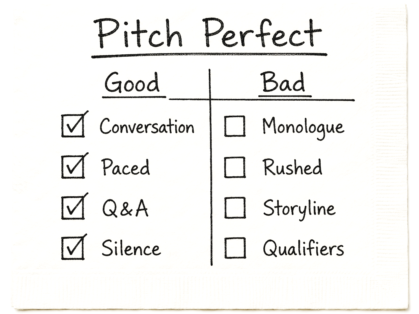Hand-drawn checklist comparing good and bad pitch qualities, with the good side checked for conversation, paced, Q&A, and silence.