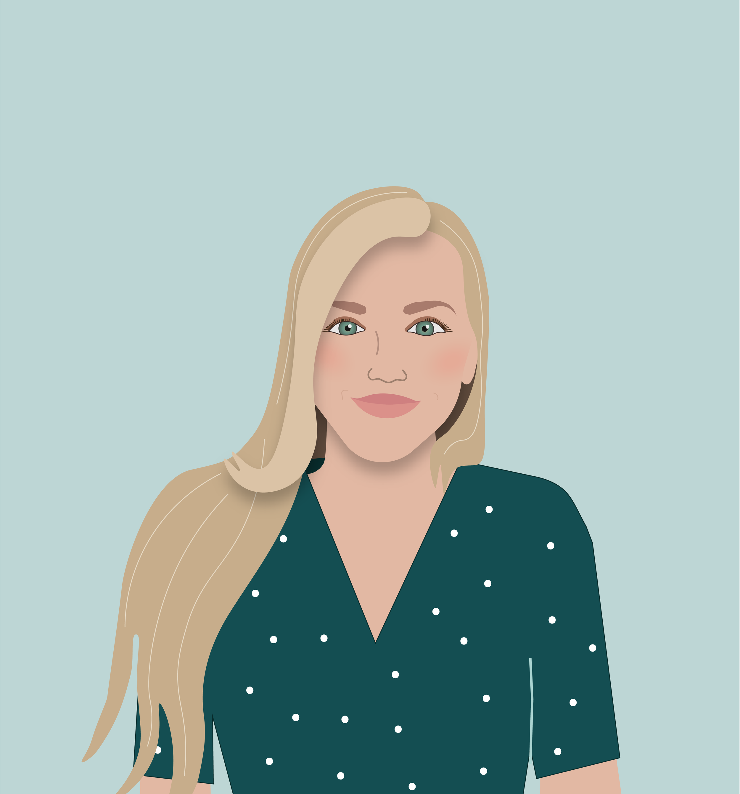 Digital illustration of a woman with long blonde hair, blue eyes, wearing a dark green dress with white polka dots, and a light blue background.