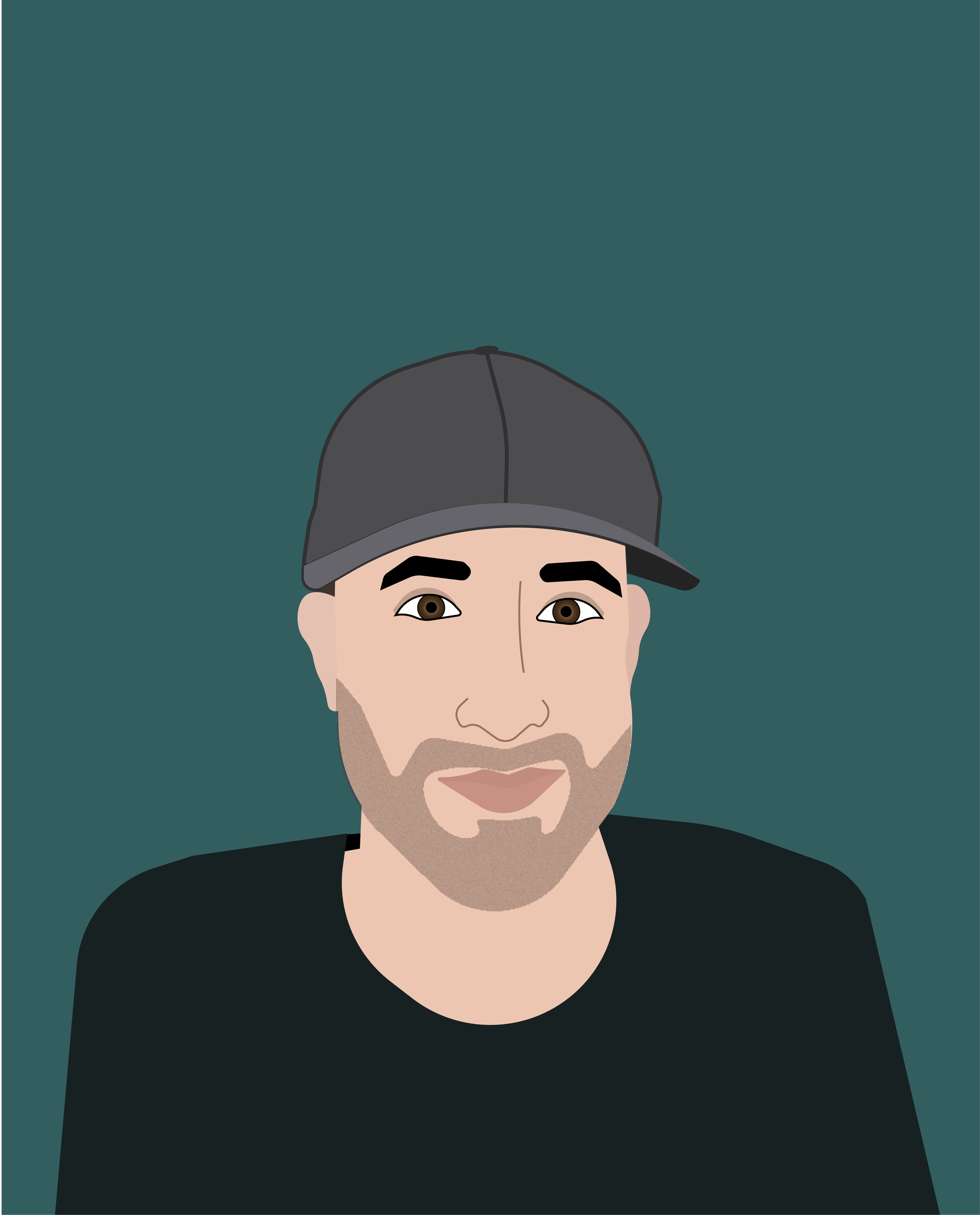 Digital illustration of a man with a beard, wearing a black shirt and a dark gray baseball cap, set against a teal background.