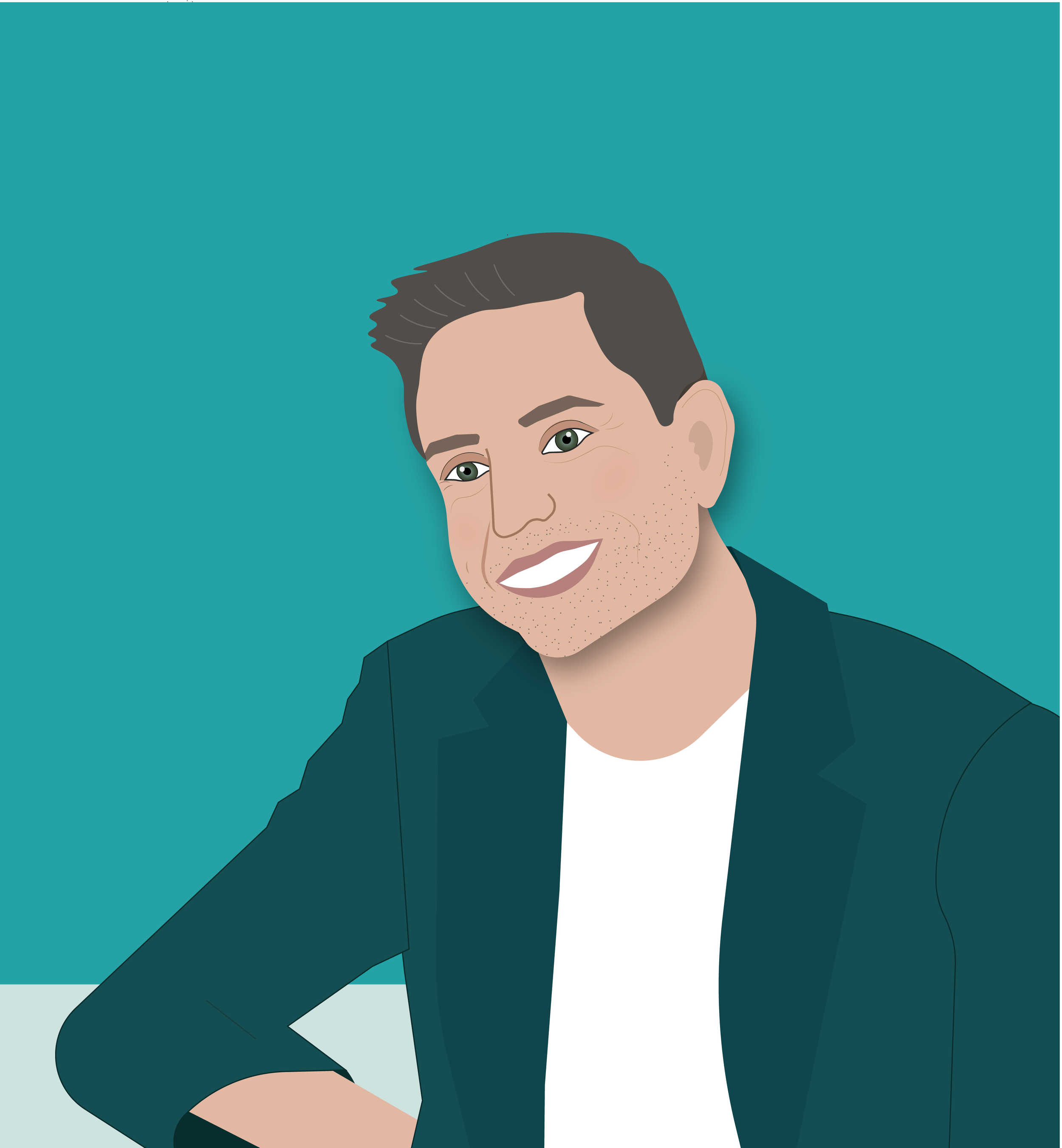 Digital illustration of a smiling man with dark hair, wearing a dark blazer and white shirt, against a teal background.