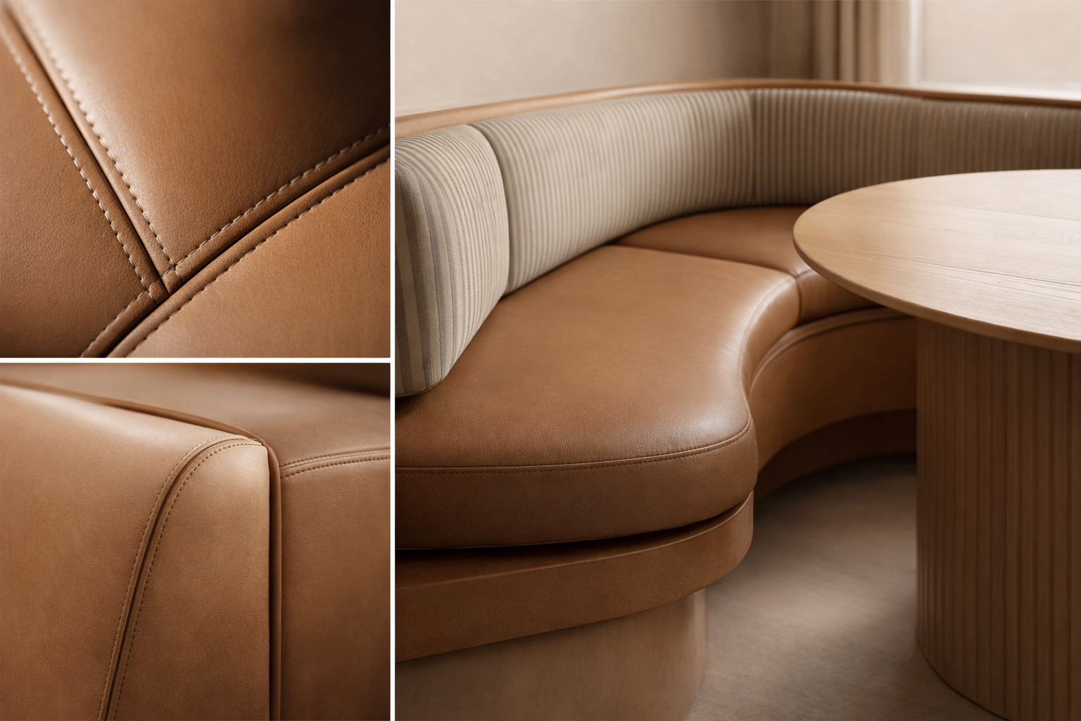 Custom curved leather banquette seating with detailed stitching and integrated wood table for luxury hospitality and high-end interior design projects