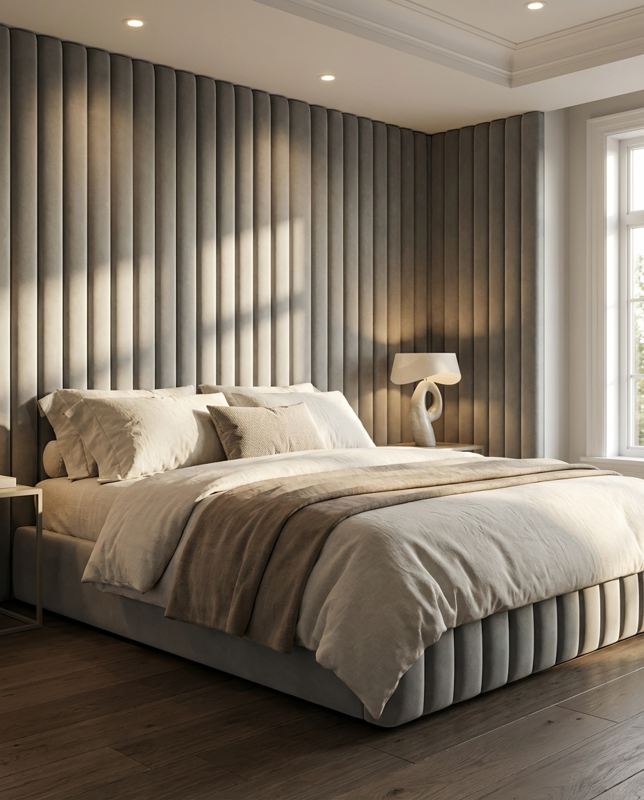 Custom upholstered bed with vertical channel tufting and integrated wall panels in a luxury residential bedroom by Patrona Studio