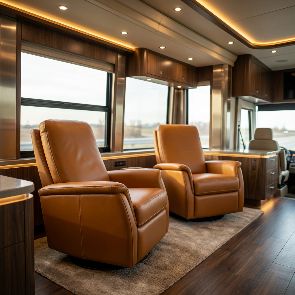 American Hickory Nina recliner in caramel leather installed inside a luxury Prevost motorcoach with wood interior and ambient lighting