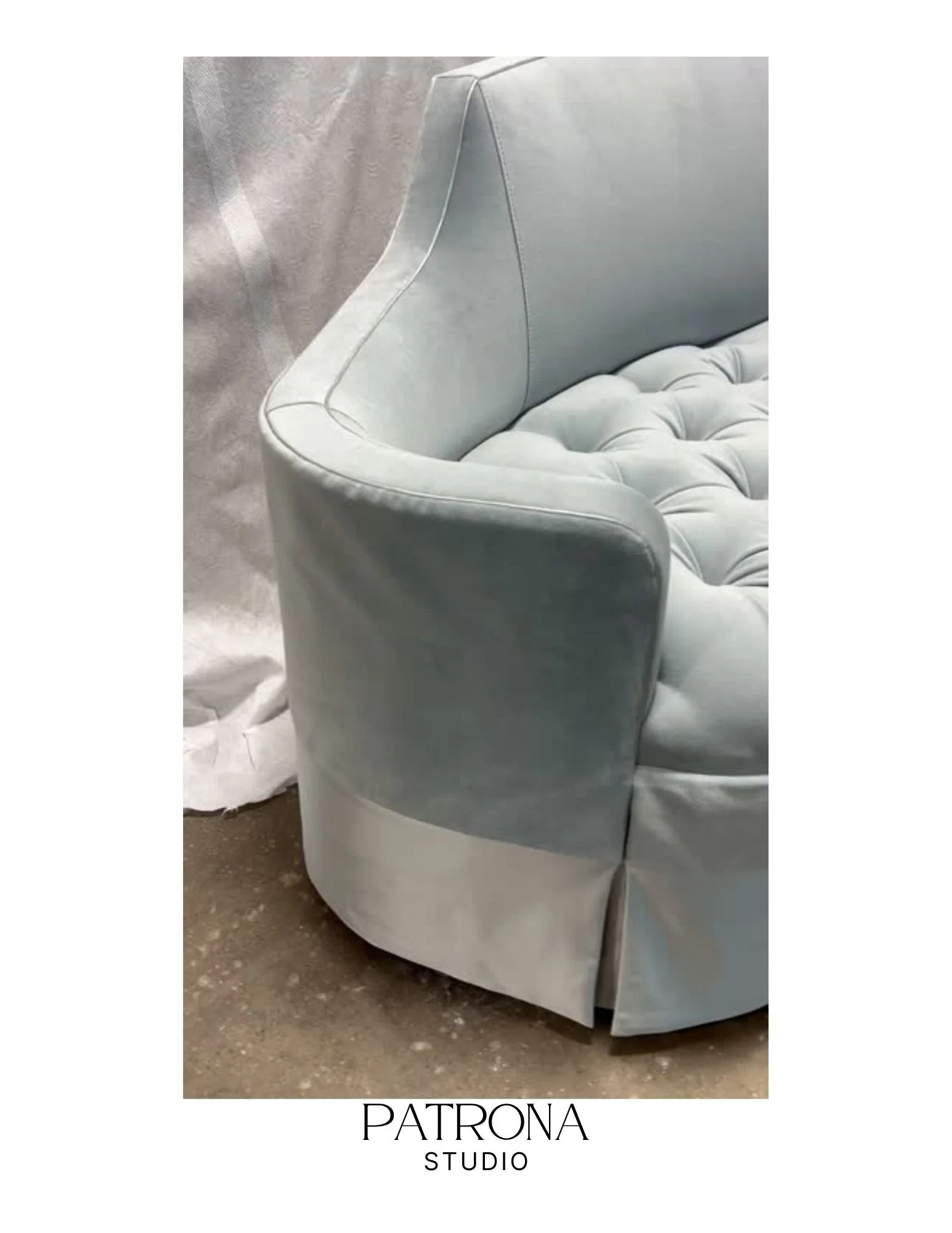Close-up of custom upholstered seating handcrafted by Patrona Design Studio, showcasing tailored tufting, precision stitching, and material expertise for commercial and hospitality interiors.